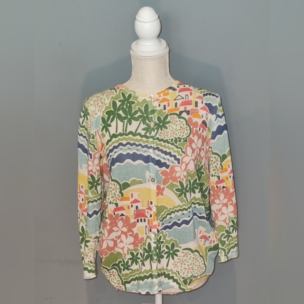 alfred dunner palm tree villa cardigan sweater women's small
